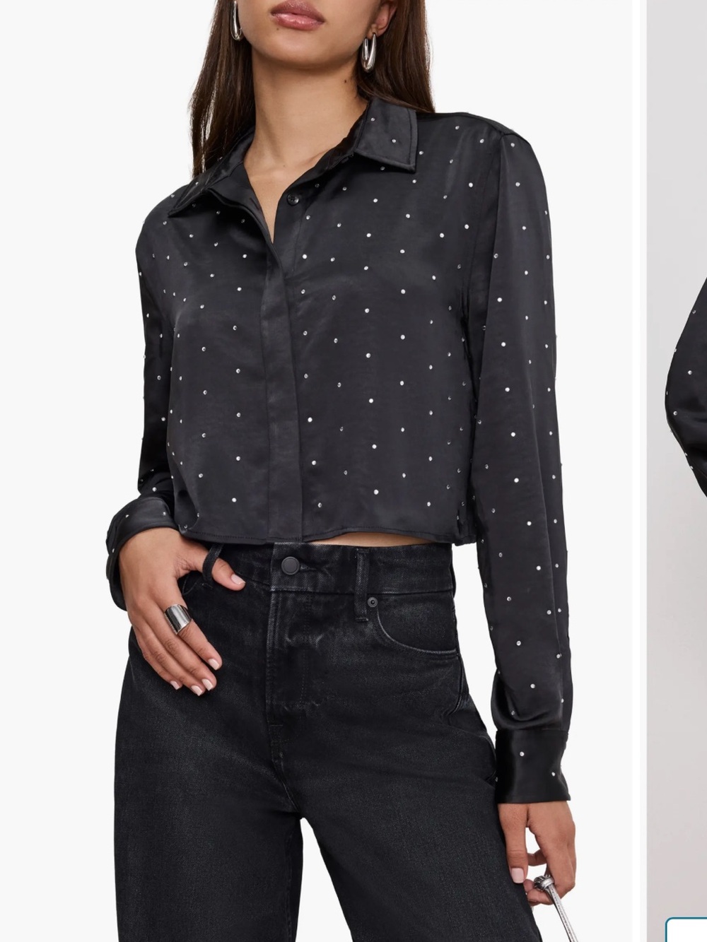 NWOT Good American Black Satin Rhinestone Dot Button-Up Top